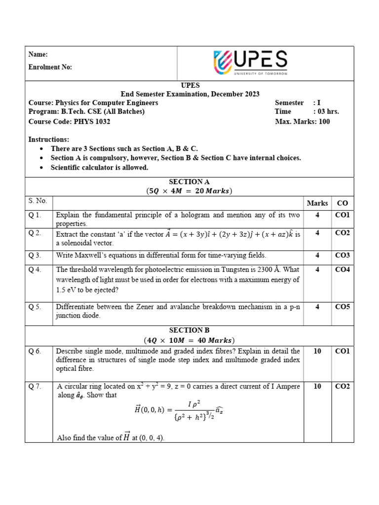 PHY ENDSEM BTECH CSE DEC 2023 | PDF | Electron | Applied And ...
