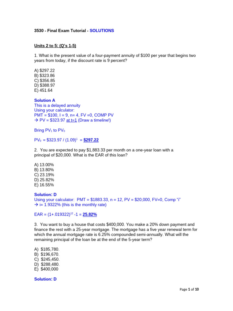 Financial Exam Solutions Overview | PDF | Net Present Value | Bonds ...