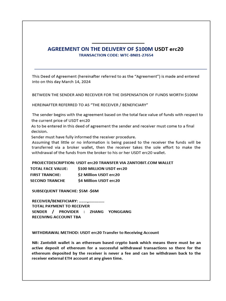 $100M USDT ERC20 Transfer Agreement | PDF | Business | Private Law