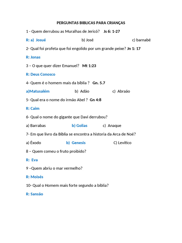 Perguntas Biblicas Para Crianças Para Criança | PDF
