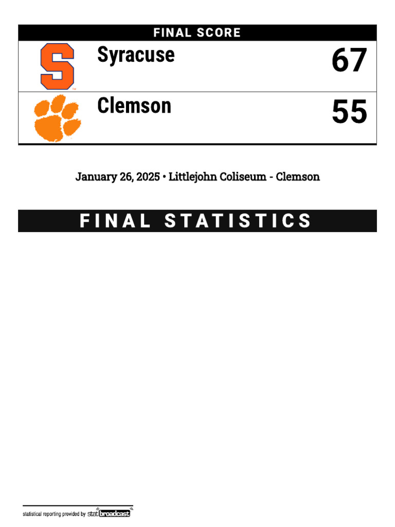 Syracuse Tops Clemson 67-55 Box Score | PDF | Team Sports | Indoor Sports