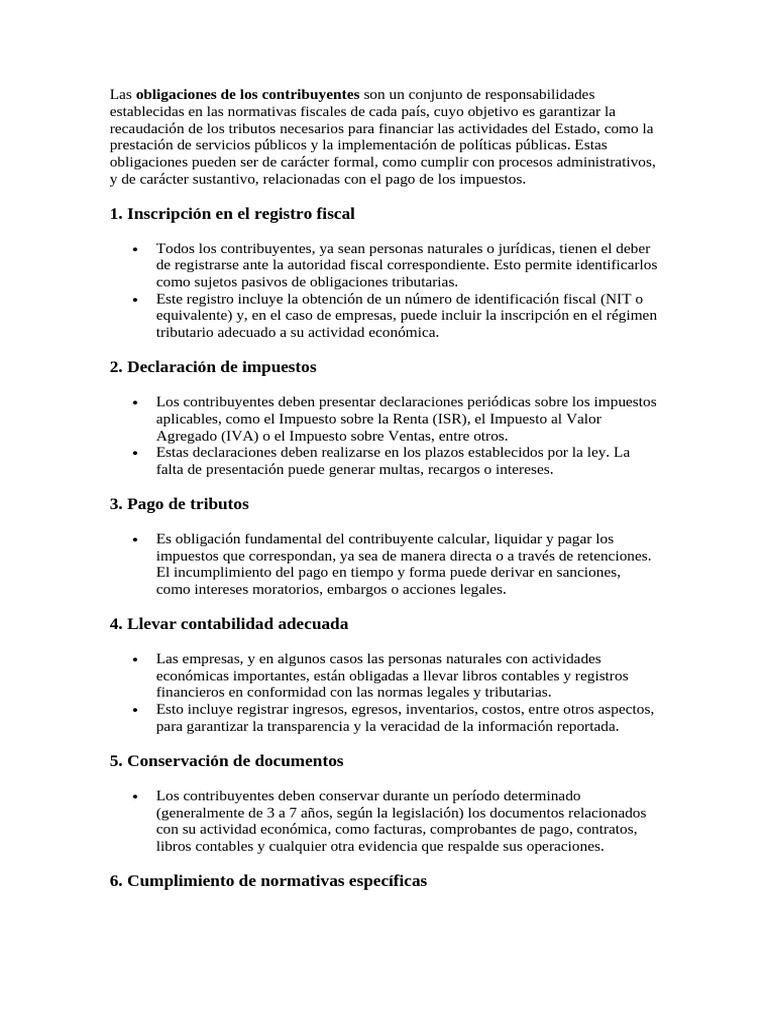 Obligaciones Fiscales de Contribuyentes | PDF | Impuestos | Contabilidad