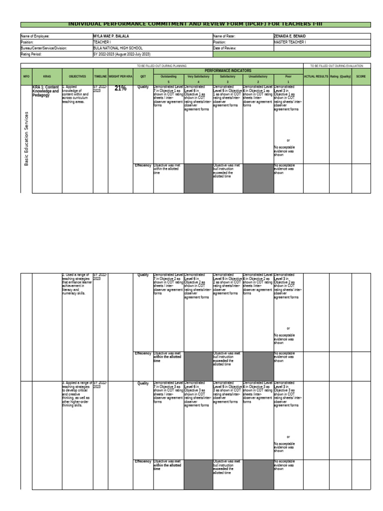 IPCRF Template for SY 2022-2023 | PDF | Educational Assessment | Learning