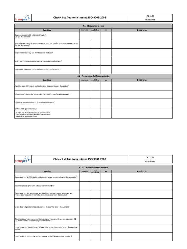 Check List Auditoria ISO 9001:2008 | PDF | Qualidade (negócios ...