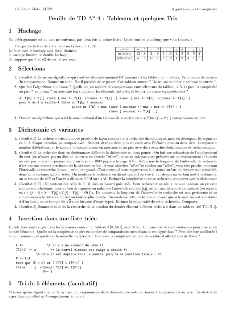 Algorithmes de Tri et Hachage en TD4 | PDF | Algorithmes et structures ...