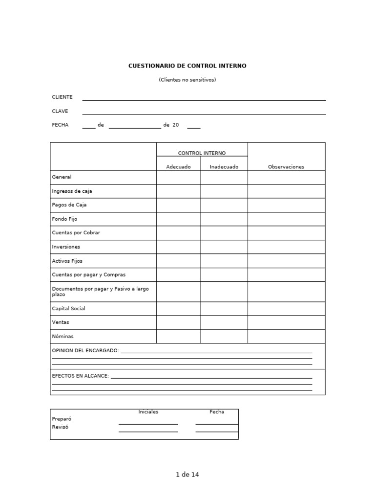 CUESTIONARIO DE CONTROL INTERNO[1] (1) | PDF | Cheque | Contabilidad
