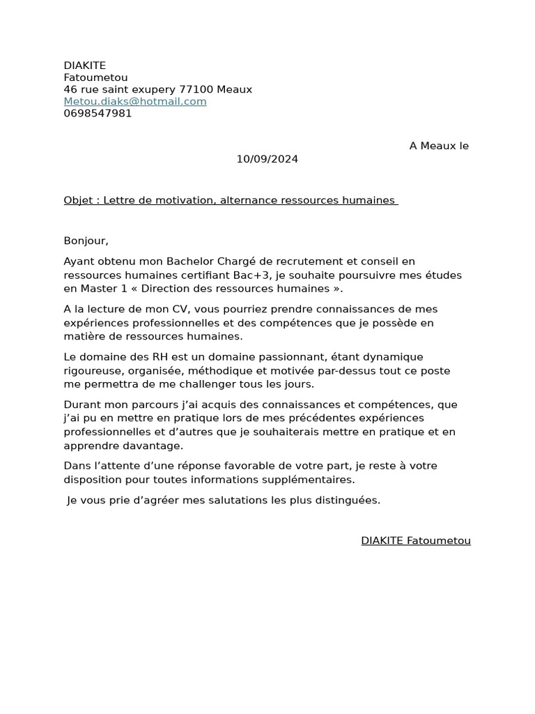 Lettre de motivation Master RH Alternance PDF — free download