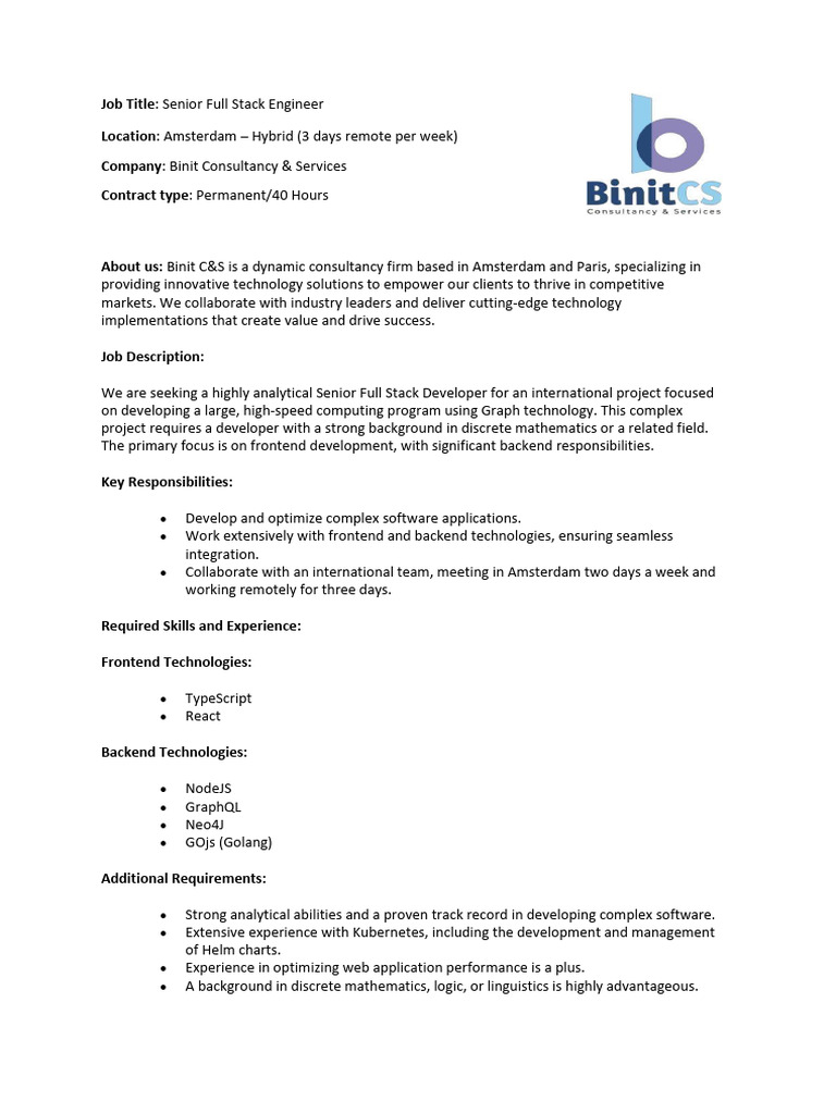 BinitC&S - Senior Full Stack Engineer Job Description | PDF | Computer ...