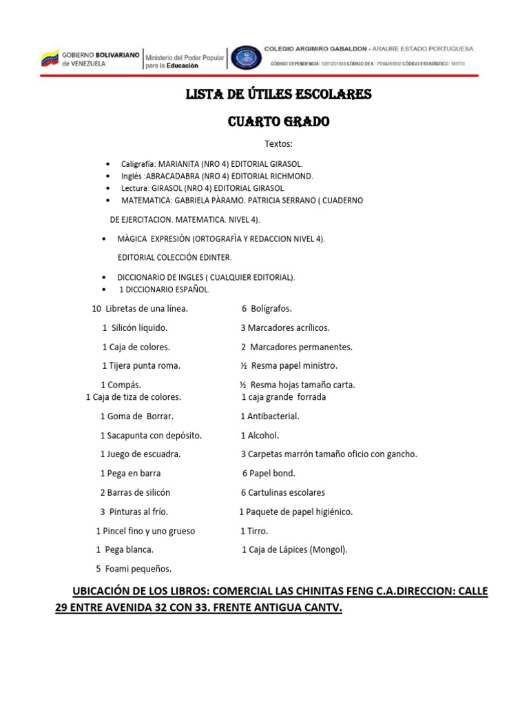 Lista de Útiles Escolares Cuarto Grado 2024-2025 | PDF