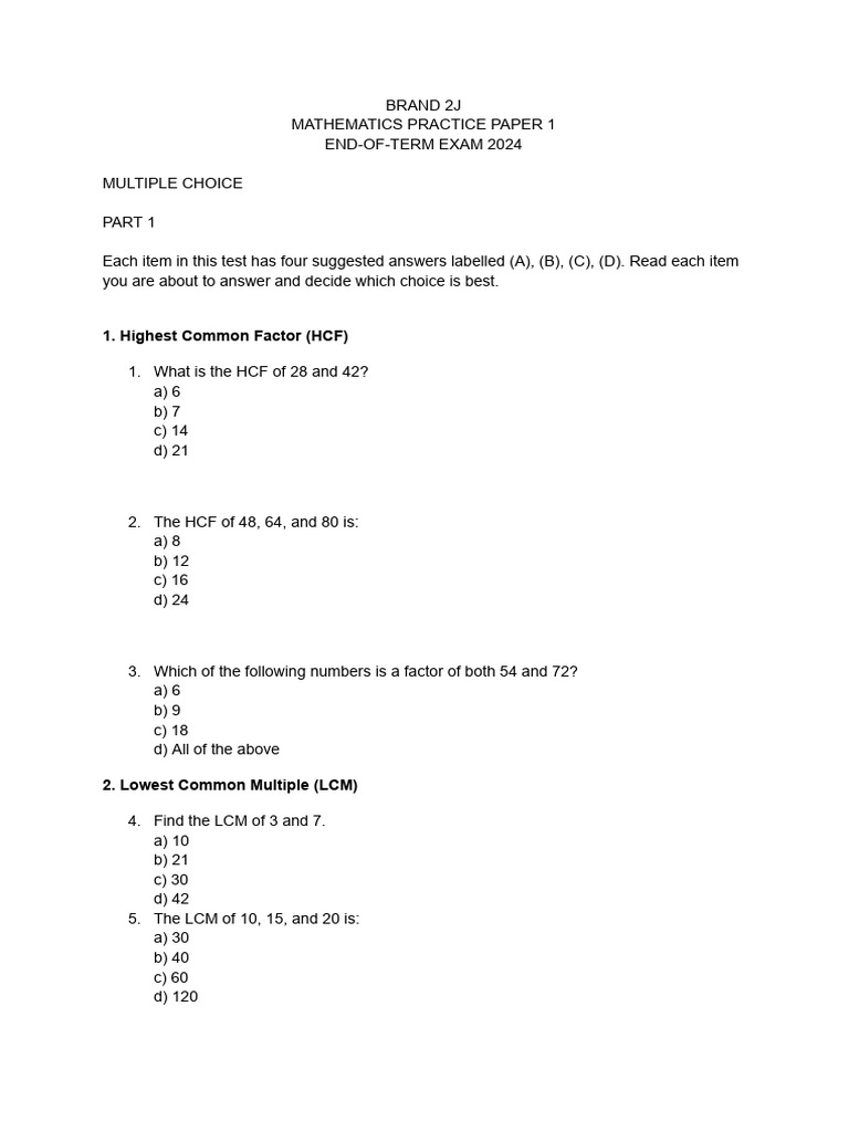 Mathematics (Paper 1 Practice Paper 2J End of Term Exam 2024 | PDF ...