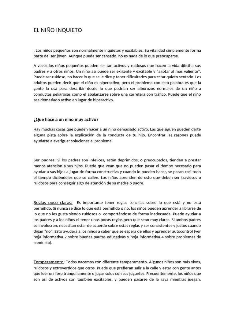 Cómo manejar la inquietud infantil | PDF | Desorden hiperactivo y ...