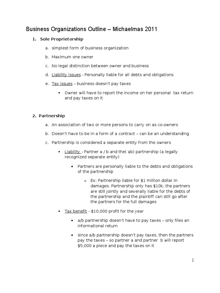 Business Organizations Outline | PDF | Law Of Agency | Partnership