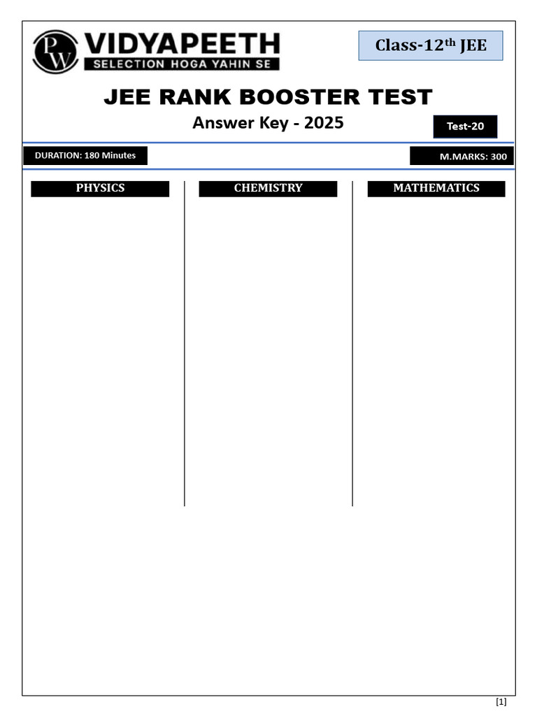 JEE Rank Booster Test Answer Key 2025 | PDF