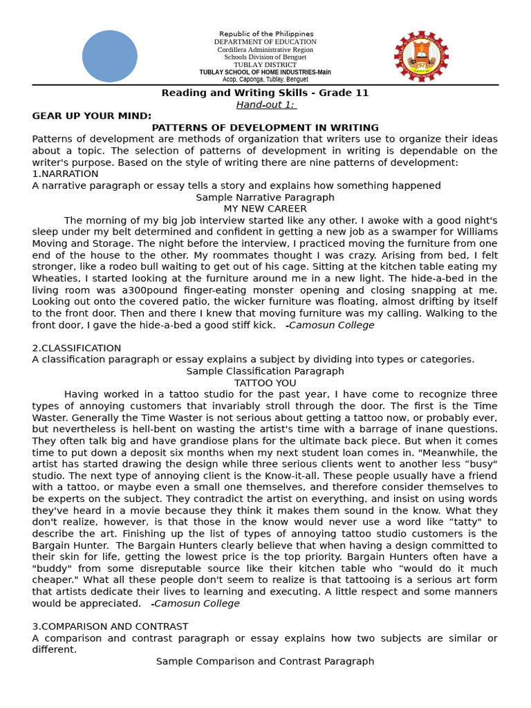 Handout 1 Patterns of Writing | PDF | Car | Question