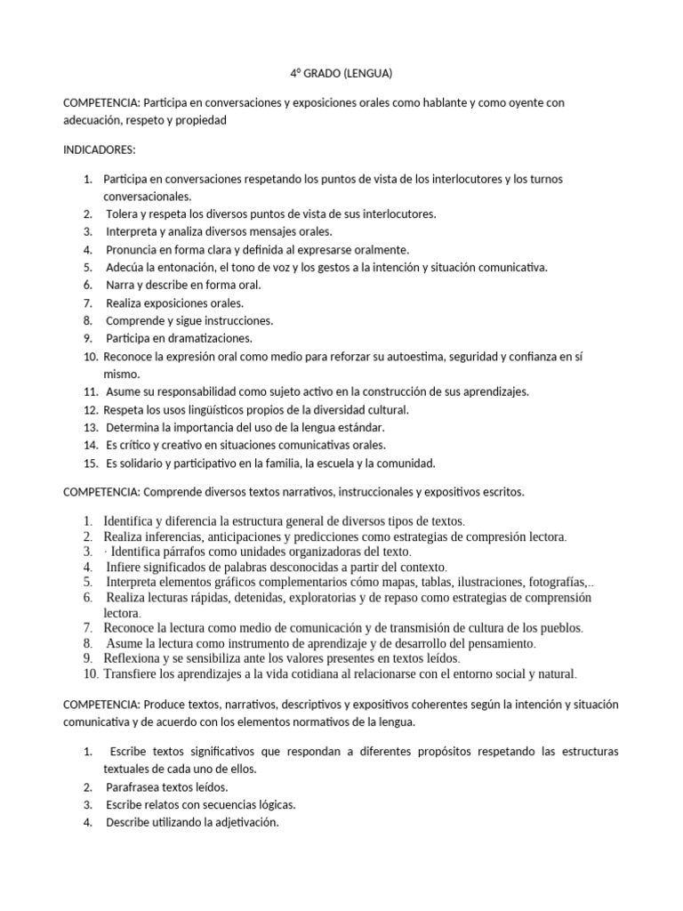 Competencias de Lengua y Comunicación 4° Grado | PDF | Bailes ...