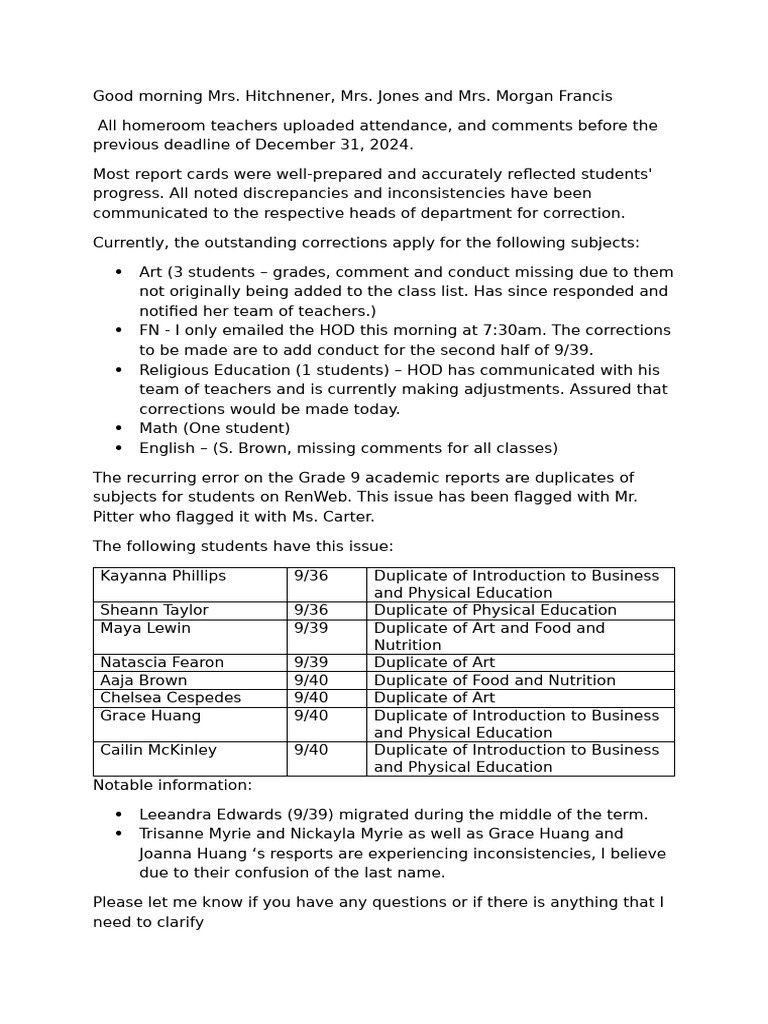 Grade 9 Report Card Corrections Update | PDF