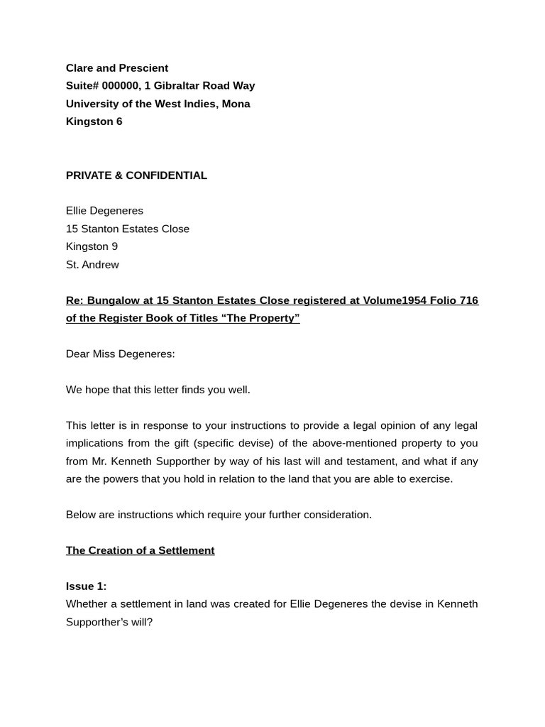 Legal Opinion on Property Settlement Rights | PDF | Common Law ...