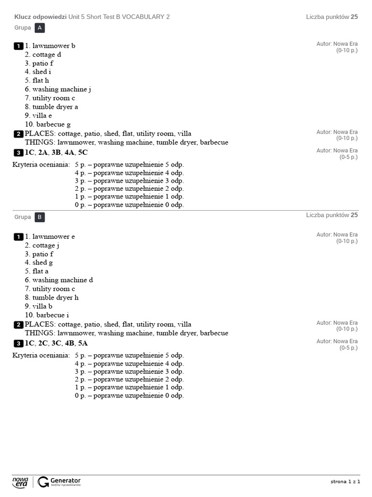 Unit 5 Short Test B VOCABULARY 2 Klucz Odpowiedzi | PDF