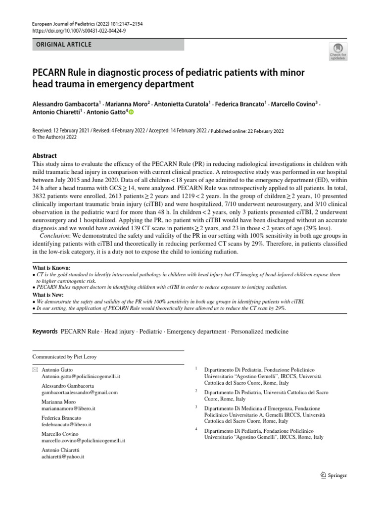 PECARN Rule Efficacy in Pediatric Head Trauma | PDF | Causes Of Death ...