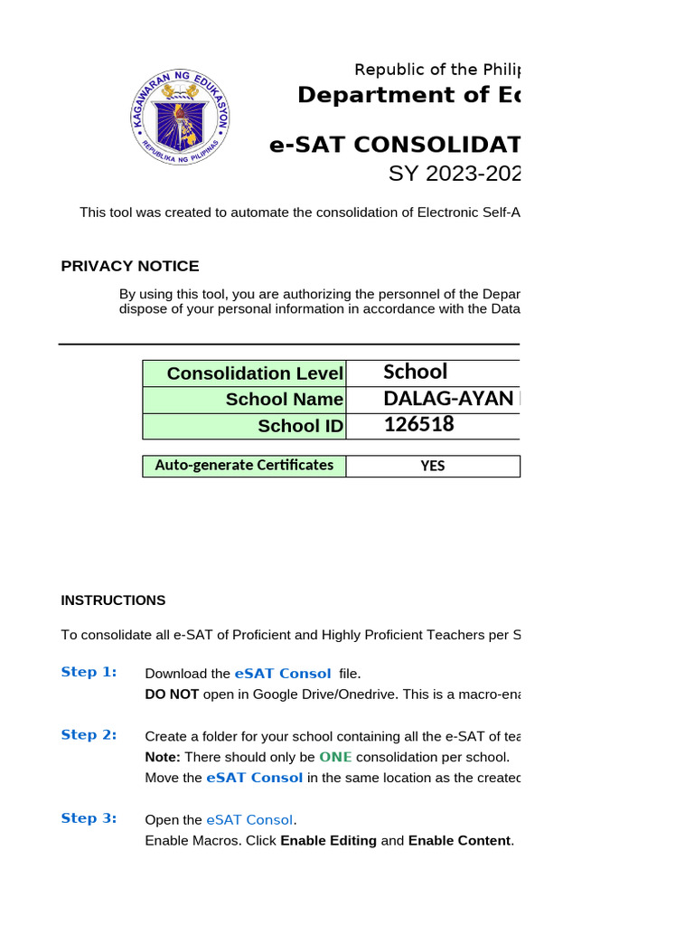 e-SAT Consolidation Tool SY 2023-2024 | PDF | Learning | Goal