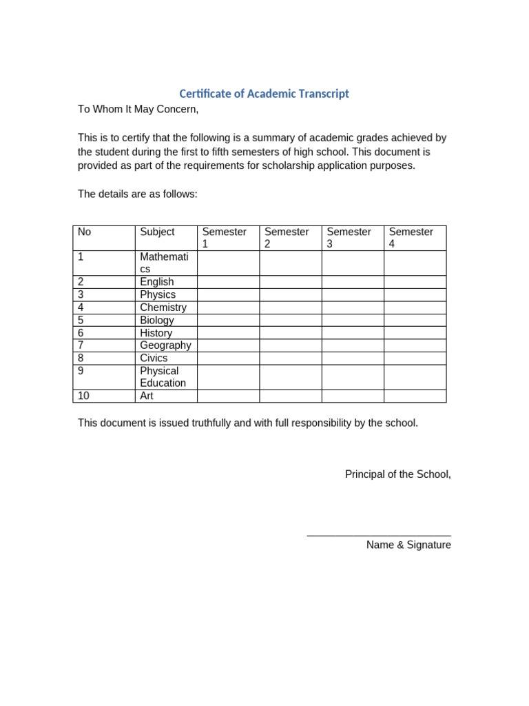 Academic Transcript Certificate Sample | PDF