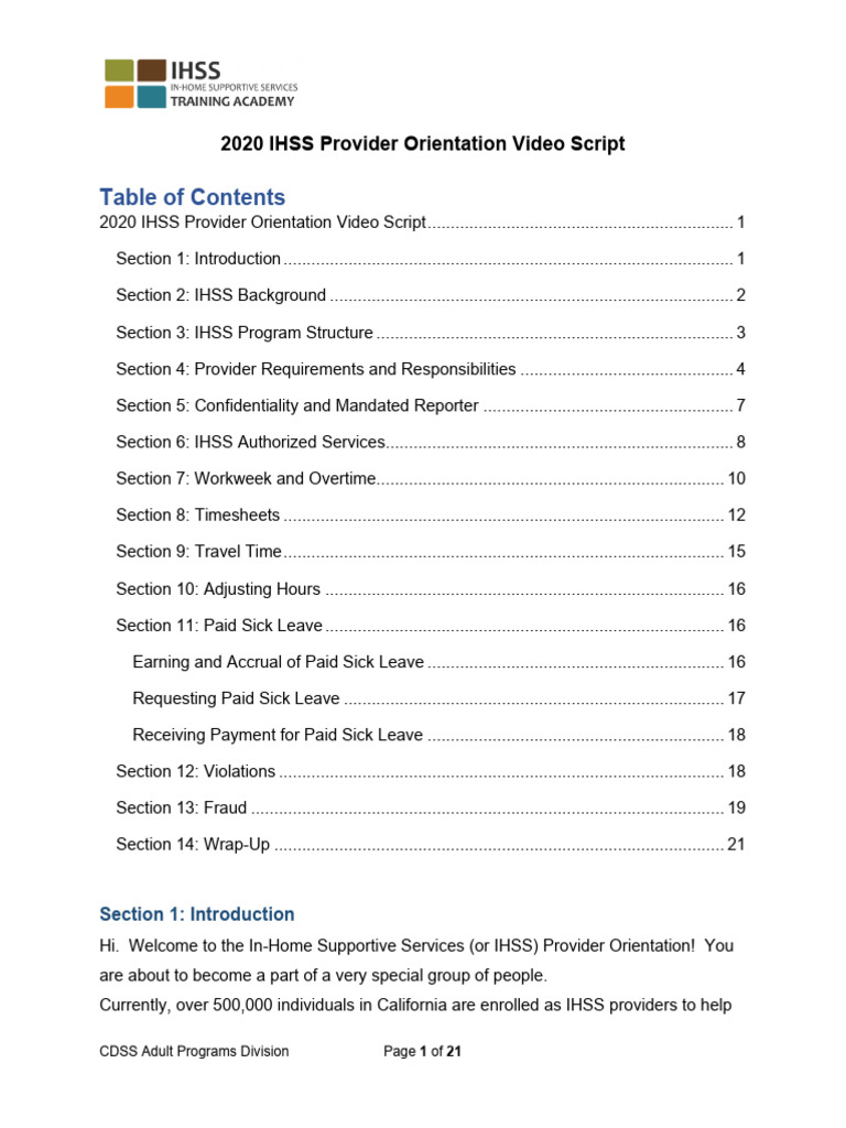 2020 IHSSProvider Orientation Video Script FINAL | PDF | Overtime ...