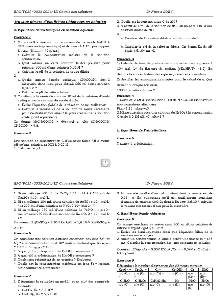 TD Chimie des Solutions 2023-2024 | PDF | Hydroxyde | Ph