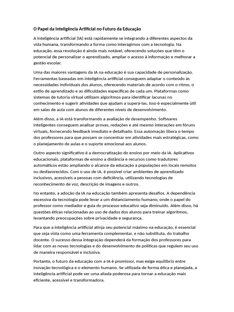 Inteligência Artificial na Educação: Futuro e Desafios | PDF ...