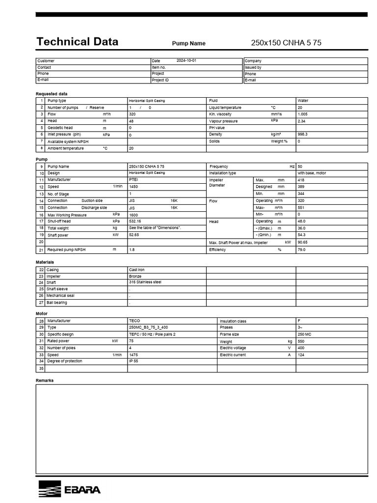 Technical Data for Pump Model 250x150 | PDF | Pump | Physical Quantities
