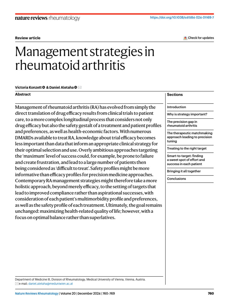 Management Strategies in Rheumatoid Arthritis - Nature Review 2024 ...