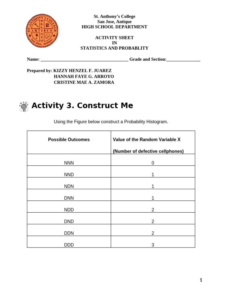 Statistics Activity Sheet: Probability Histogram | PDF