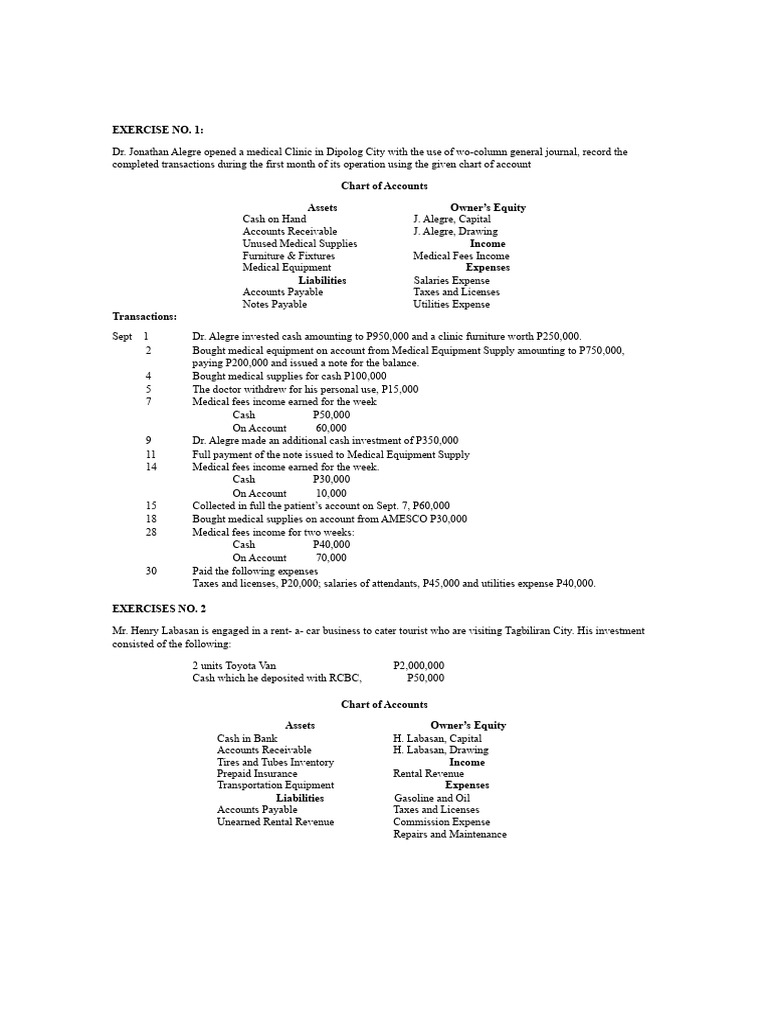 Tutor - Journalizing - EXERCISES FOR LEARNING PURPOSES INORDER TO ...
