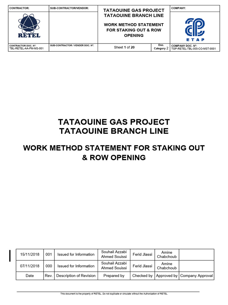 Tataouine Gas Project Work Method Statement | PDF | Emergency | Road