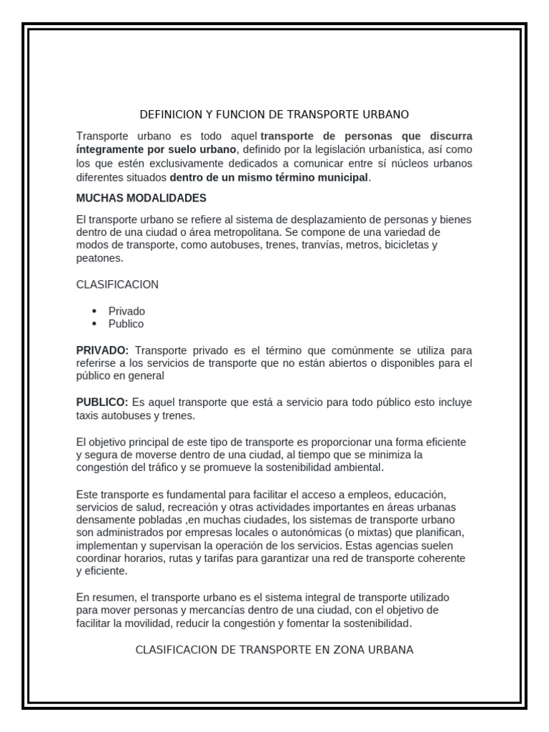 Definición y Funciones del Transporte Urbano | PDF | Transporte ...