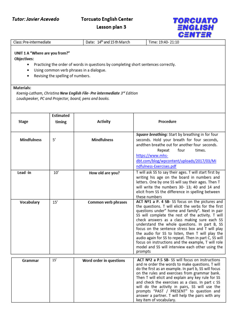 Pre-Intermediate English Lesson Plans | PDF | English Language | Vocabulary