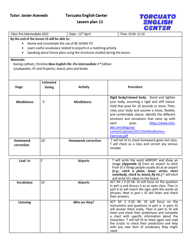 Pre-Intermediate English Lesson Plans | PDF | Vocabulary | Cognition