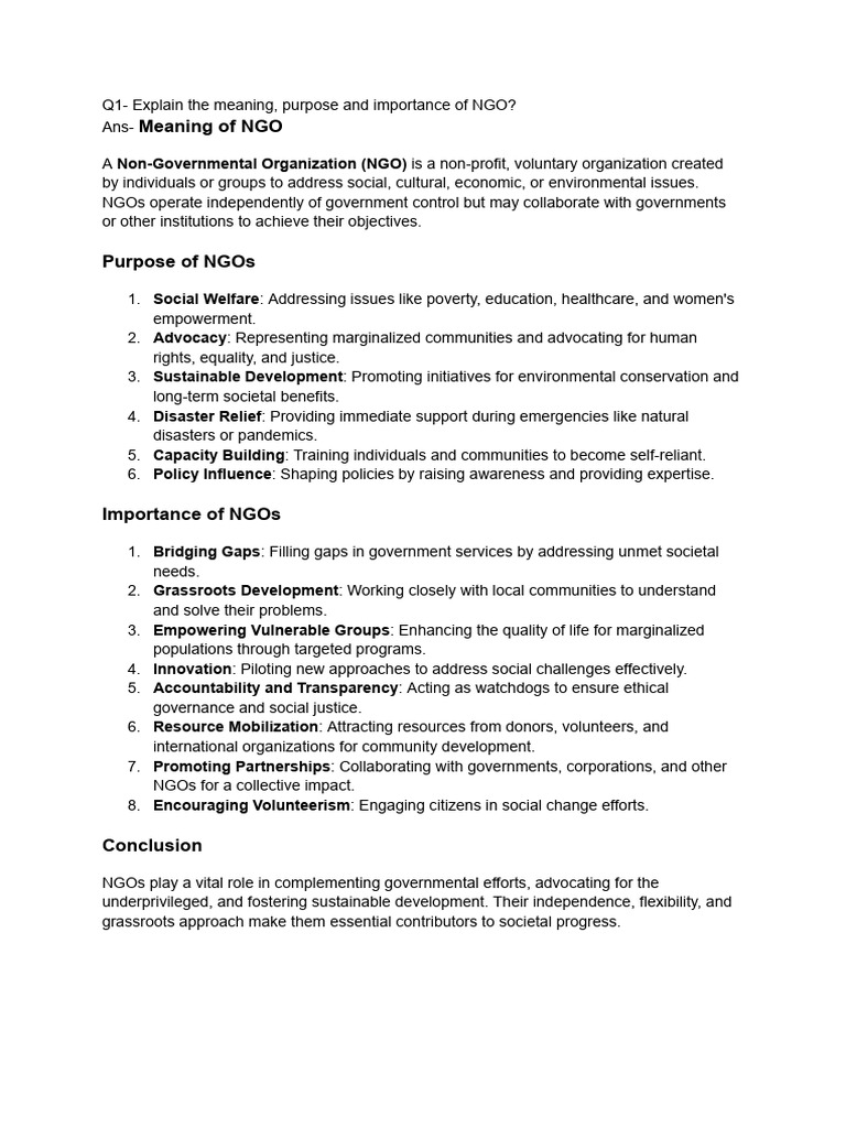 Understanding NGOs: Purpose and Functions | PDF | Non Governmental ...