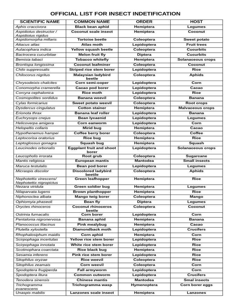 Official List For Insect Indetification | PDF | Lepidoptera | Beetle