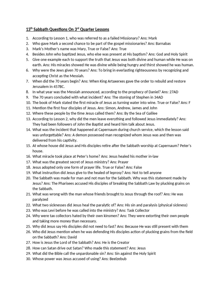 Sabbath School Questions on Mark's Gospel | PDF | Jesus | Gospel Of Mark