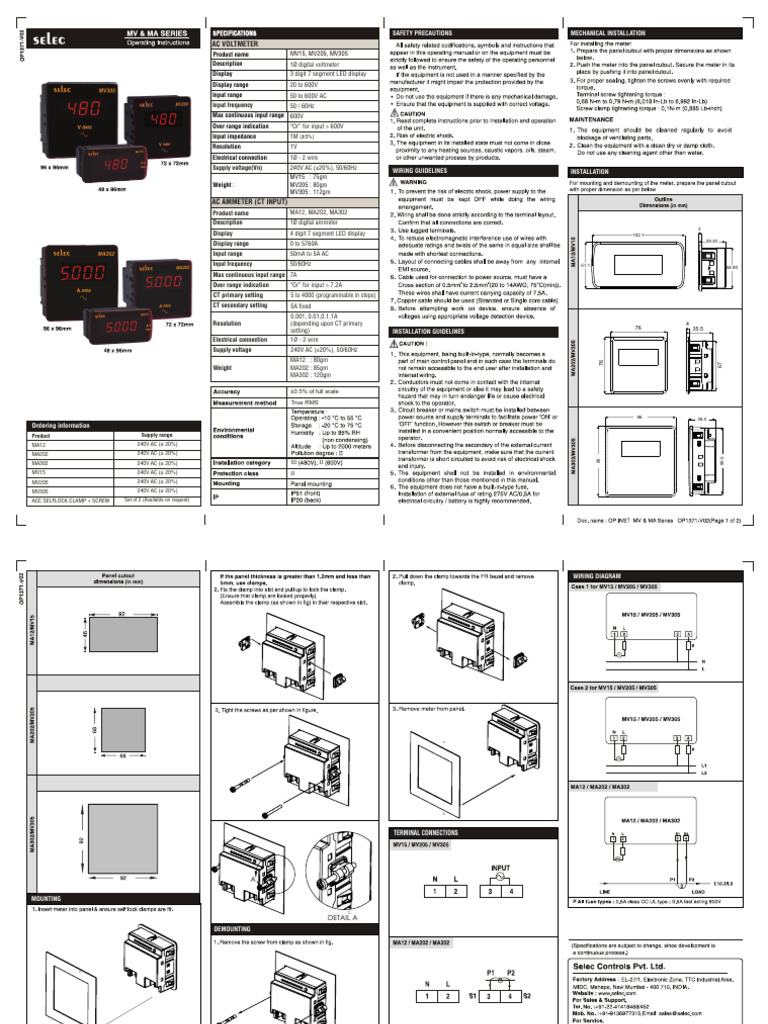 AC Voltmeter and Ammeter Installation Guide | PDF | Electromagnetic ...