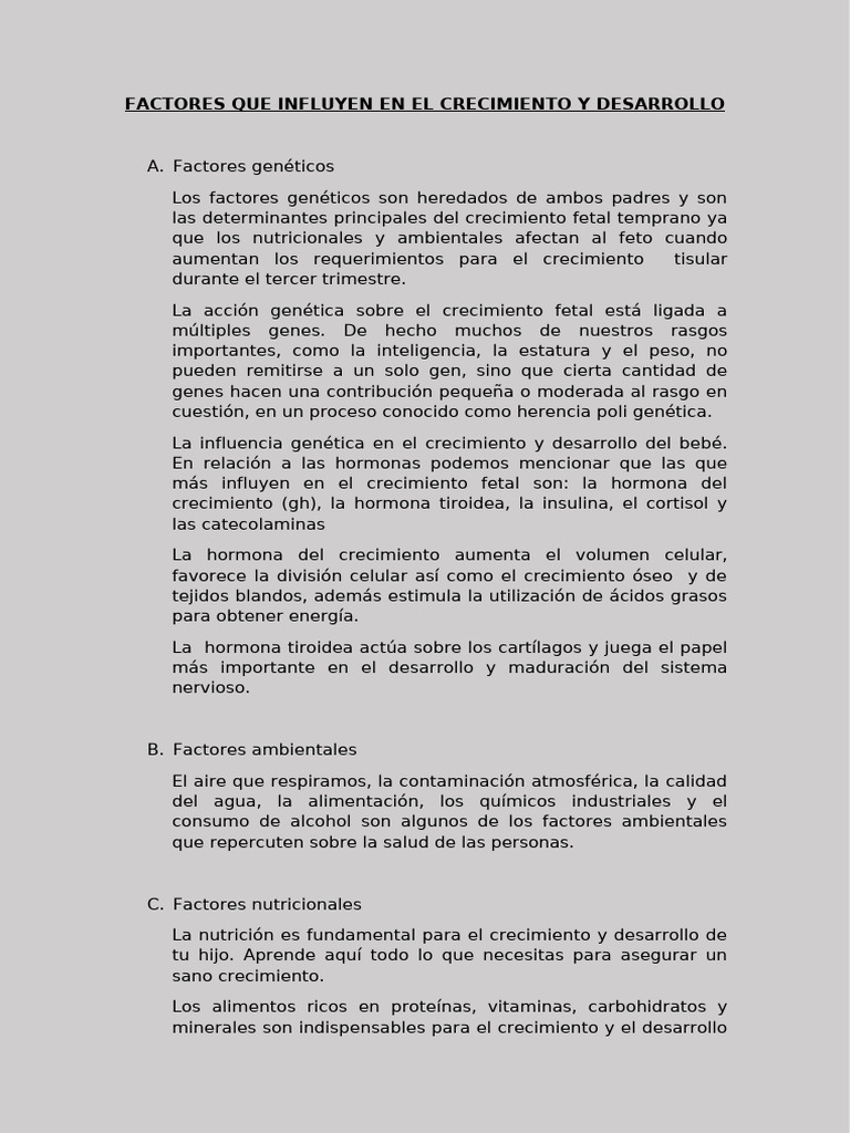 Factores Que Influyen en El Crecimiento y Desarrollo | PDF | Nutrición ...