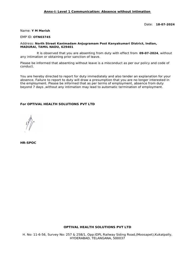 Unnotified Absence Warning Notice | PDF