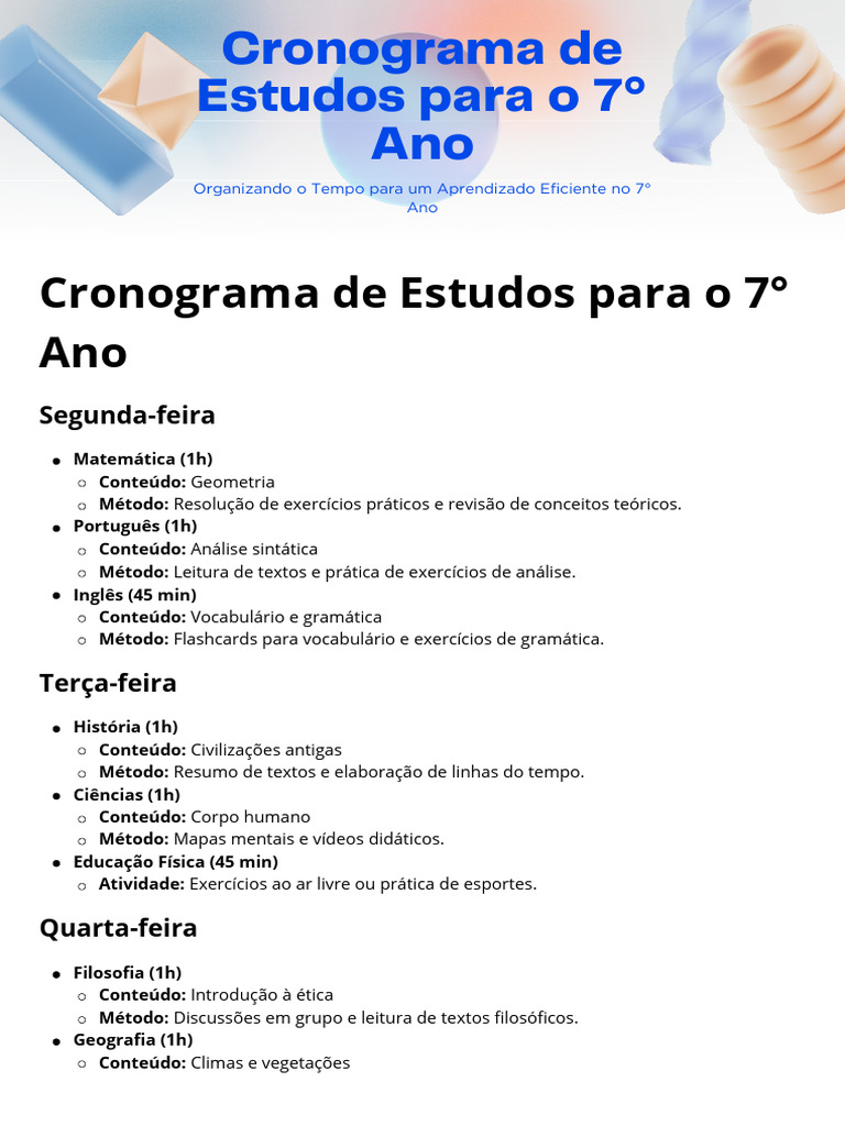 Cronograma de Estudos 7º Ano Eficiente | PDF | Matemática | Science
