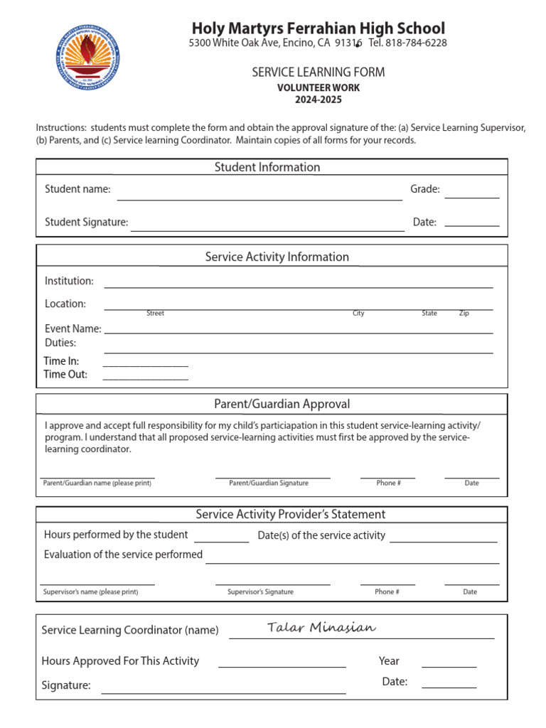 Service Learning-Volunteering Form | PDF