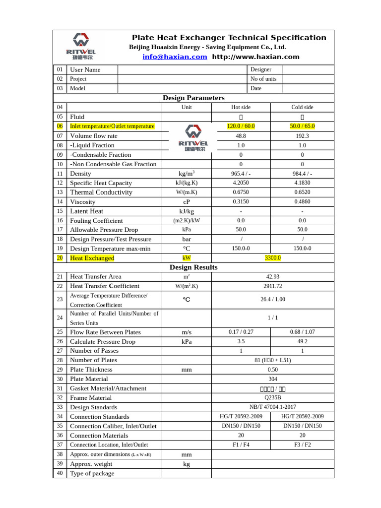 Plate Heat Exchanger Specs Overview | PDF | Heat Exchanger | Heat Transfer