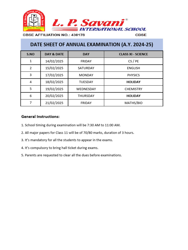 Class XI Science Exam Date Sheet 2025 | PDF