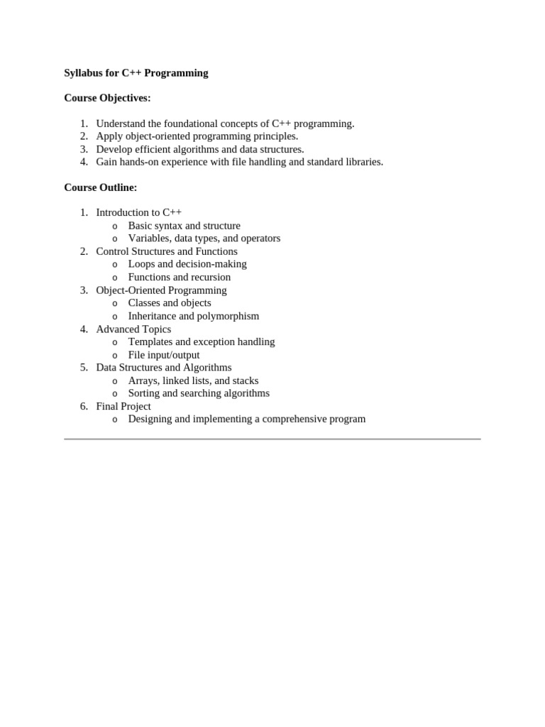 Syllabus for C++ Programming | PDF