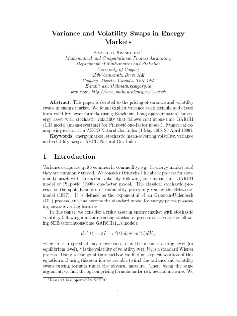 Variance and Volatility Swaps in Energy Markets: Research Is Supported ...