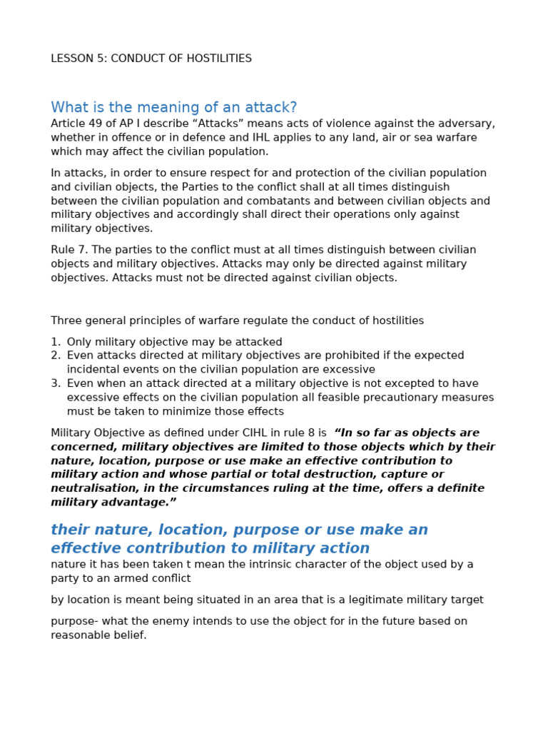 Conduct of Hostilities in Warfare | PDF | Civilian | International ...