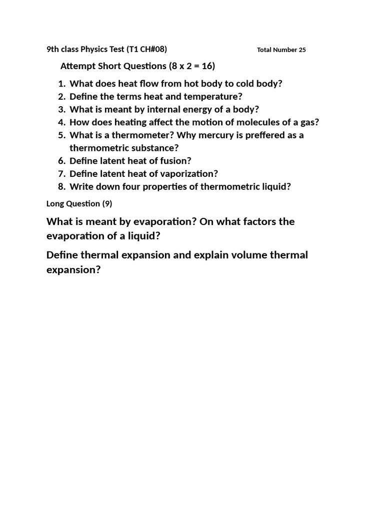 9th Class Physics Test | PDF